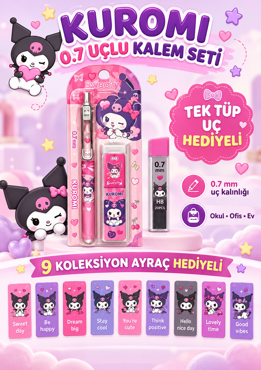 Kuromi 0.7 Uçlu Kalem Seti- Kuromi Kırtasiye Seti